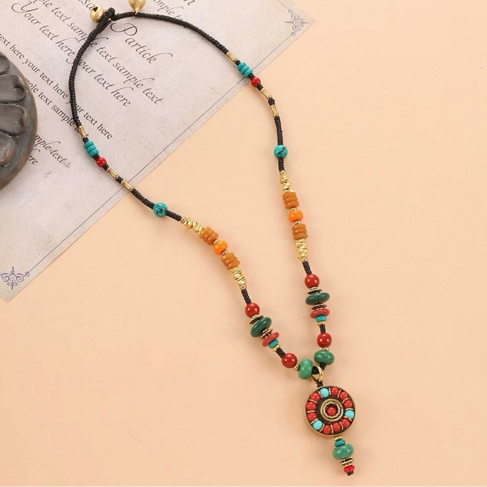 Nepal Turquoise & Red Beaded Pendant Necklace